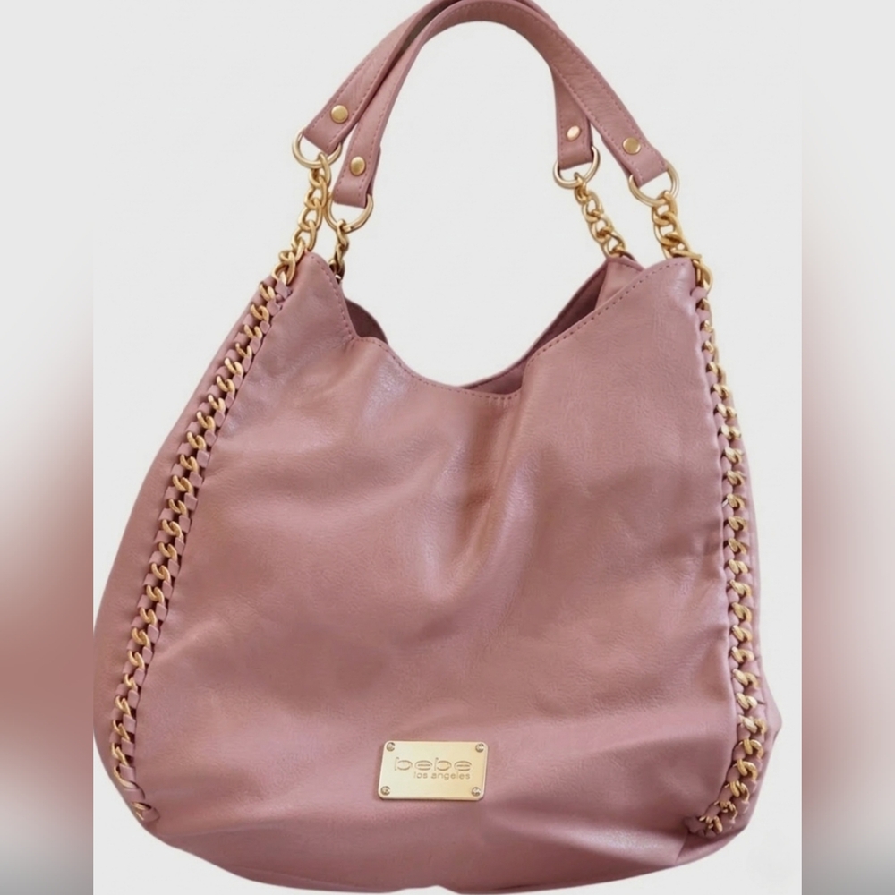 Bebe Mauve Pink Leather Hobo with Gold Chain Trim